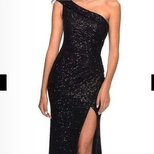 La Femme Black One-Shoulder Sequin Dress Size 0 NWT